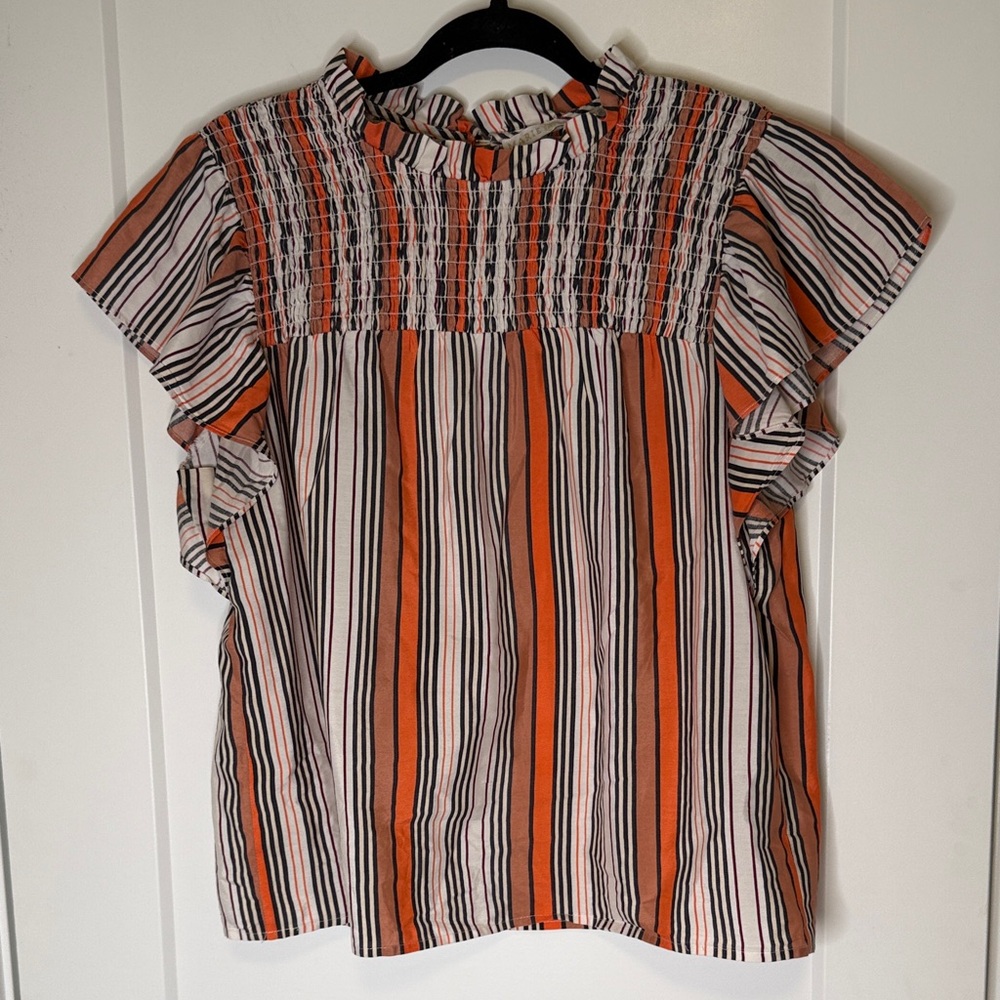 Marie Oliver Silk & Cotton Smocked Striped Ruffle Sleeve Top -‎ large